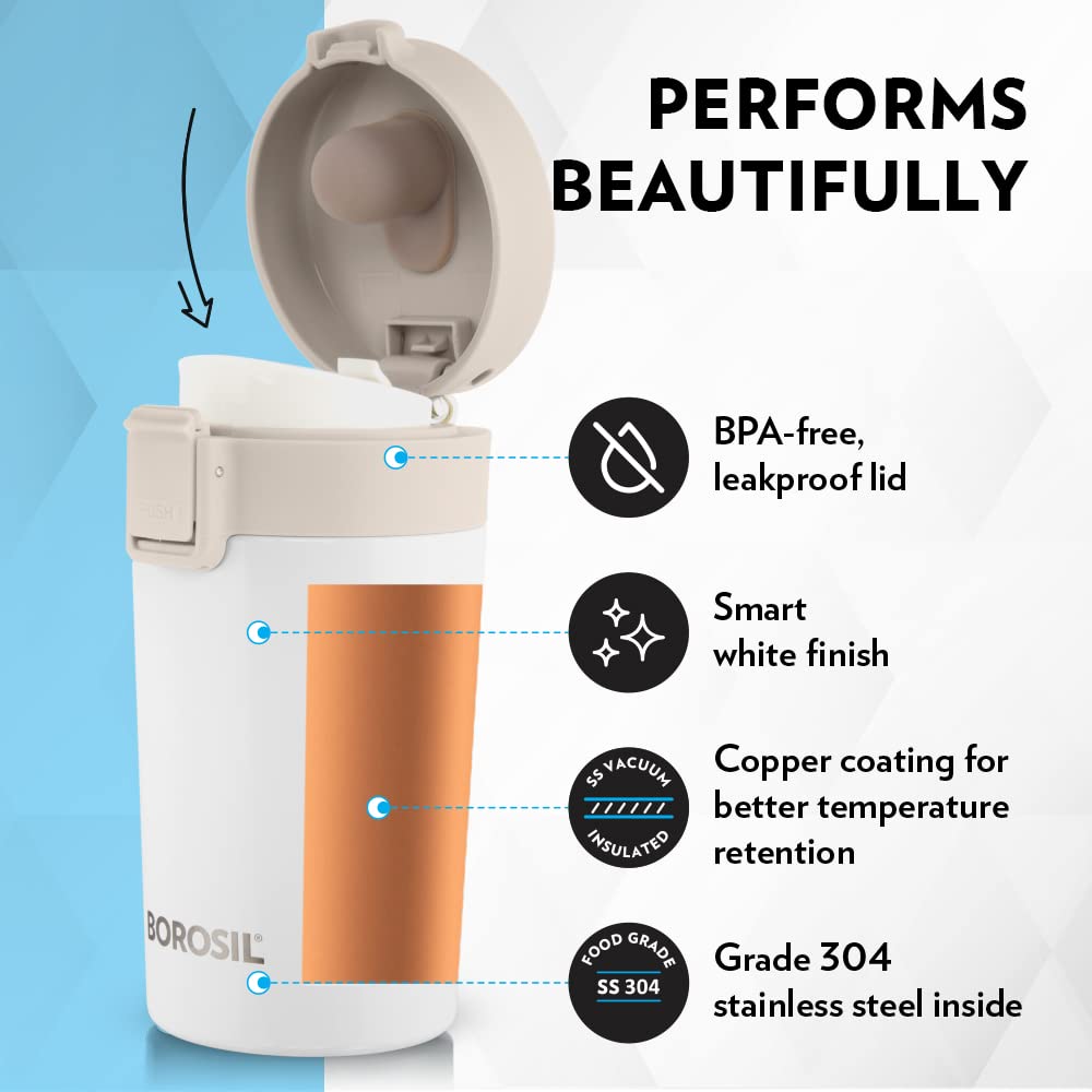 Borosil Coffeemate Insulated Mug, Vacuum Insulated Travel Coffee Mug With Lid, 8 Hours Hot And 14 Hours Cold, 300 Ml, White, Sta